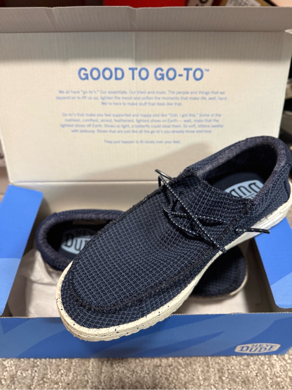 Hey Dude Navy Knit Slip-On Loafers with White Sole